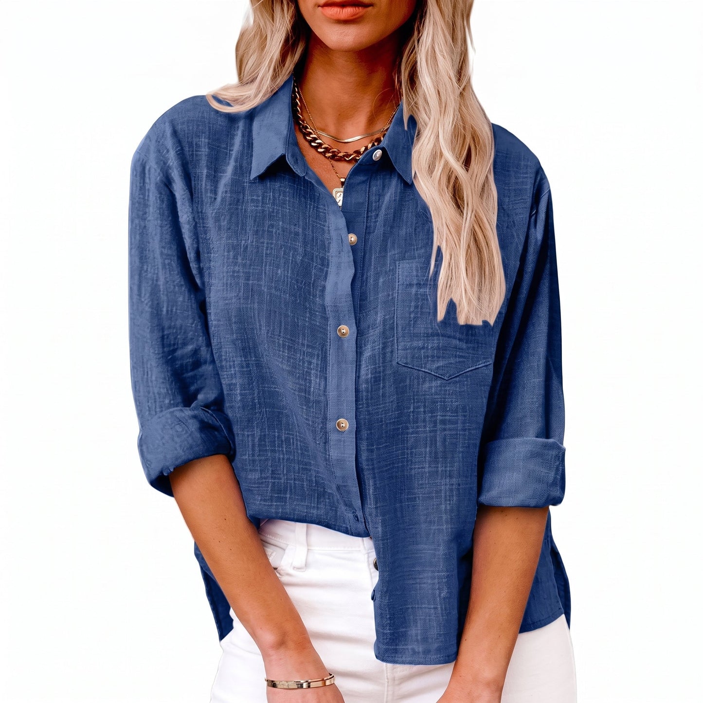 Effortless Linen Blouse for Women with Collar Long Sleeve Button Front Relaxed Casual Style