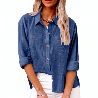 Effortless Linen Blouse for Women with Collar Long Sleeve Button Front Relaxed Casual Style