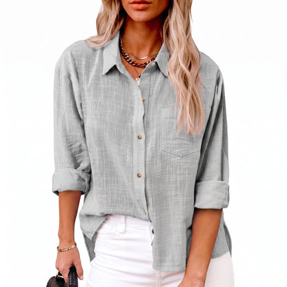 Effortless Linen Blouse for Women with Collar Long Sleeve Button Front Relaxed Casual Style