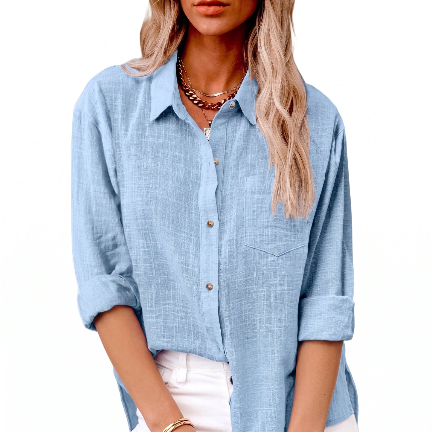 Effortless Linen Blouse for Women with Collar Long Sleeve Button Front Relaxed Casual Style