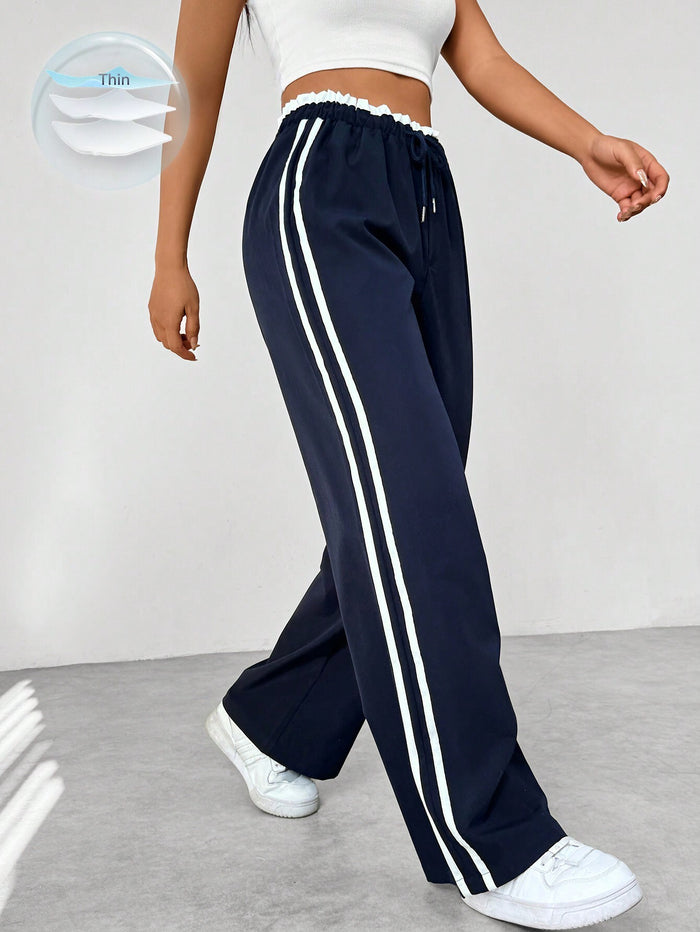 Effortless Striped Wide Leg Pants for Women with High Waist Drawstring Relaxed Casual Style