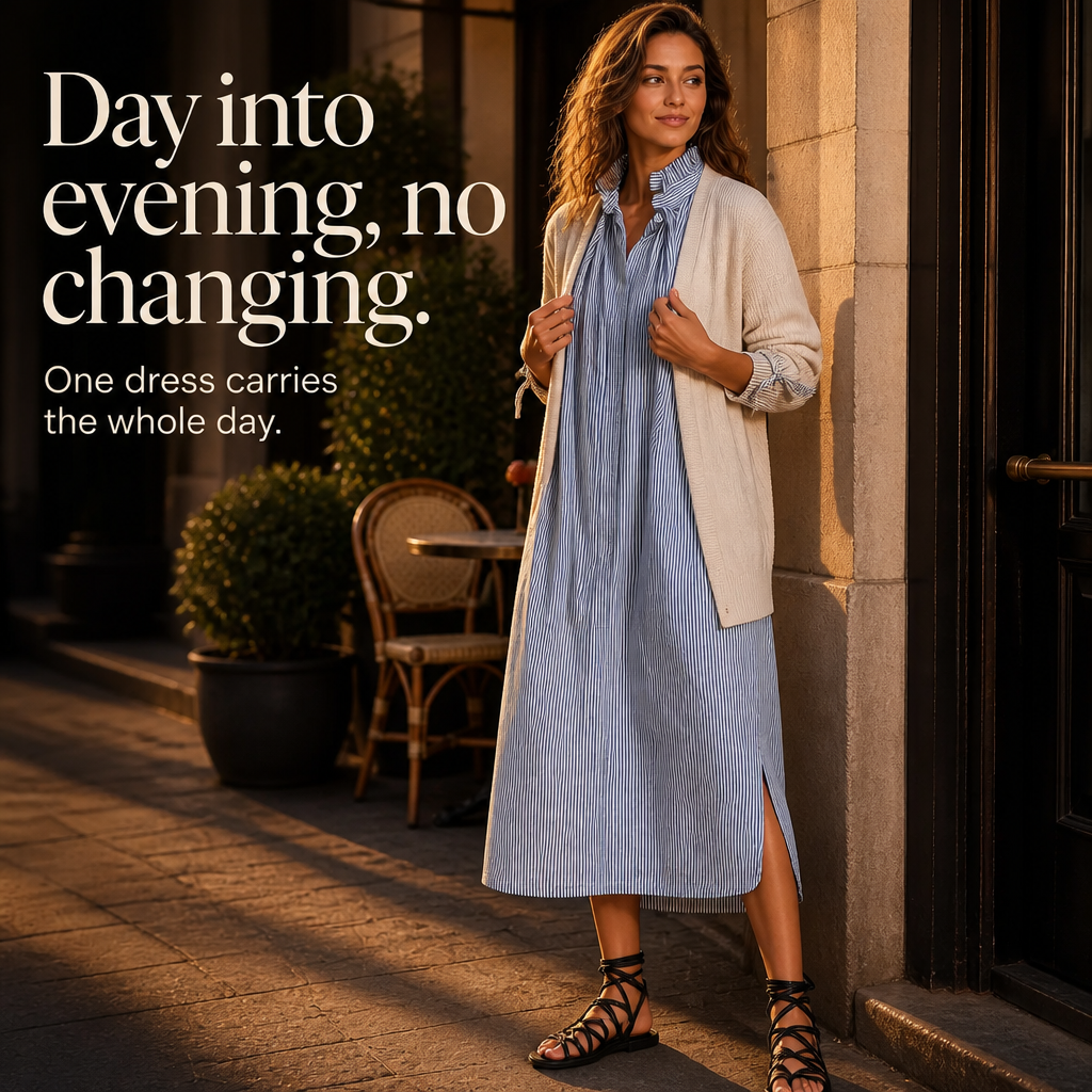 Effortless Blue Striped Shirt Dress for Women with Ruffle Tie Neck Long Sleeve Ruched Cuff Fall Style