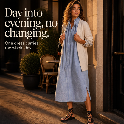 Effortless Blue Striped Shirt Dress for Women with Ruffle Tie Neck Long Sleeve Ruched Cuff Fall Style