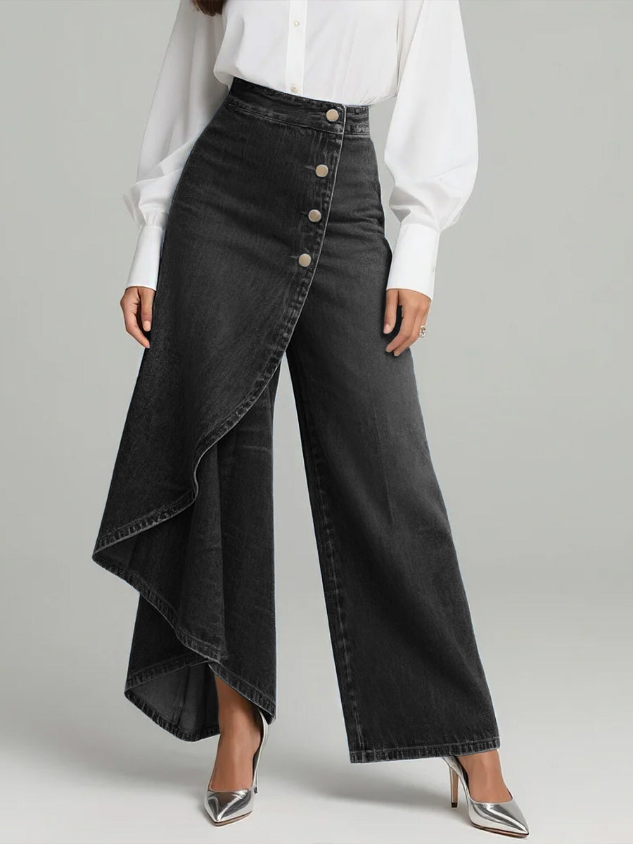 Elegant Blue Wide Leg Jeans for Women with High Waist Button Front Asymmetric Ruffle Style