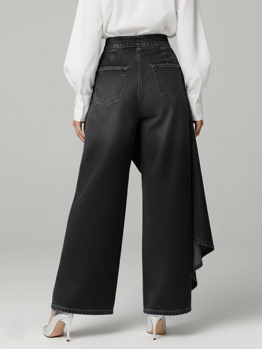 Elegant Blue Wide Leg Jeans for Women with High Waist Button Front Asymmetric Ruffle Style