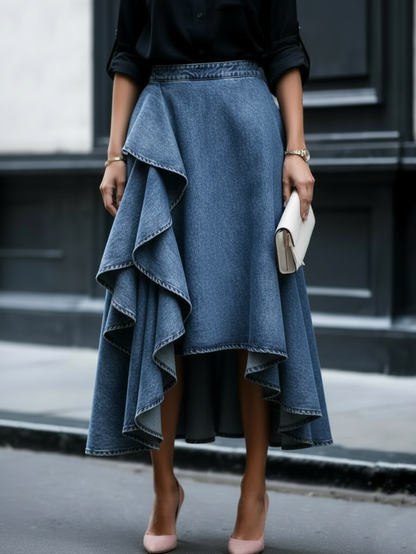 Effortless Denim Maxi Skirt for Women with High Waist Ruffle Asymmetric Hem Flowing Style