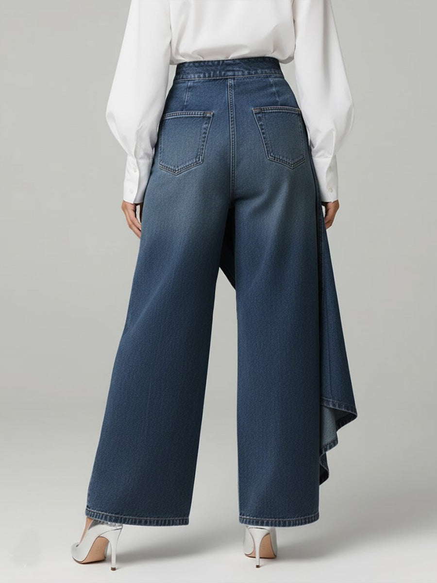 Elegant Blue Wide Leg Jeans for Women with High Waist Button Front Asymmetric Ruffle Style