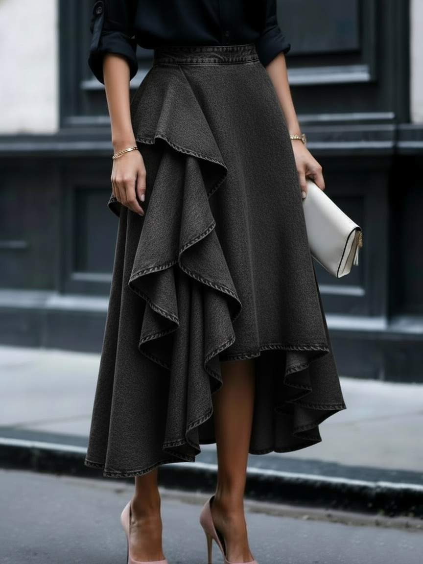 Effortless Denim Maxi Skirt for Women with High Waist Ruffle Asymmetric Hem Flowing Style