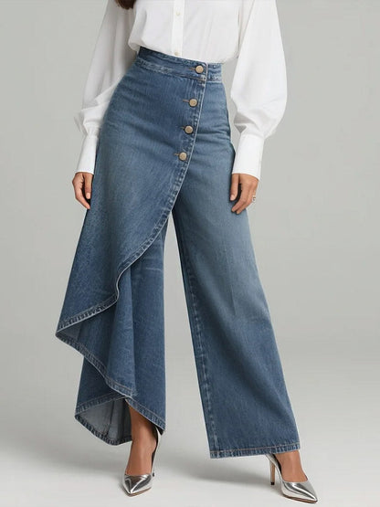 Elegant Blue Wide Leg Jeans for Women with High Waist Button Front Asymmetric Ruffle Style