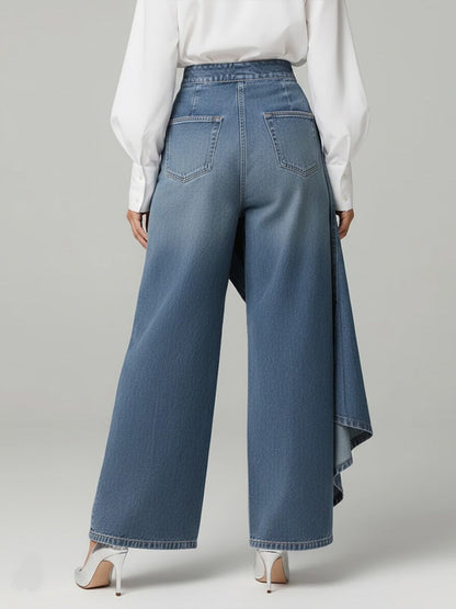 Elegant Blue Wide Leg Jeans for Women with High Waist Button Front Asymmetric Ruffle Style