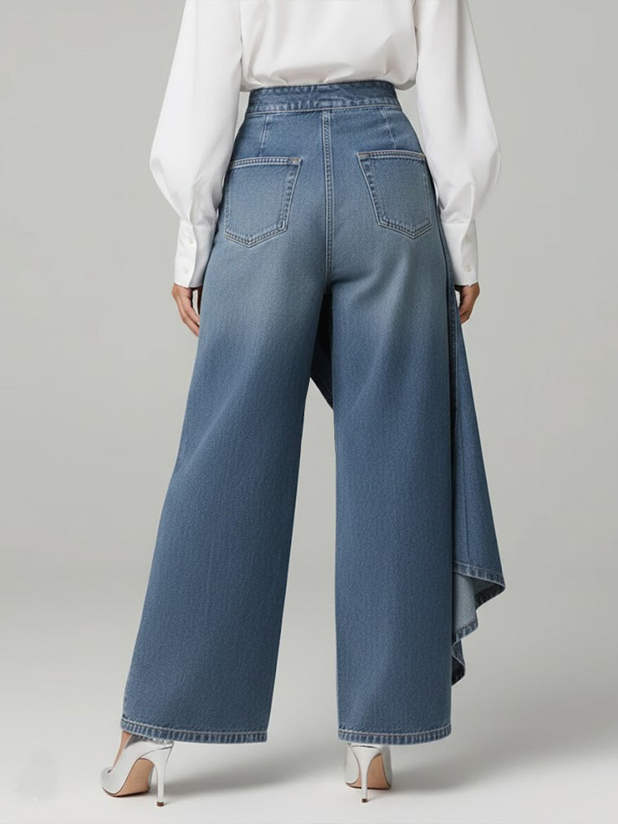Effortless High Waisted Jeans for Women with Button Front Draped Asymmetrical Wide Leg Style