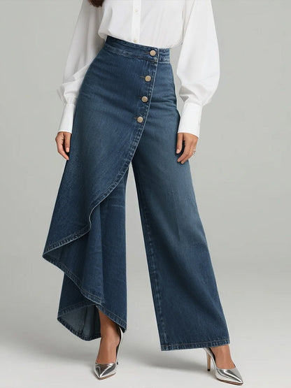 Elegant Blue Wide Leg Jeans for Women with High Waist Button Front Asymmetric Ruffle Style