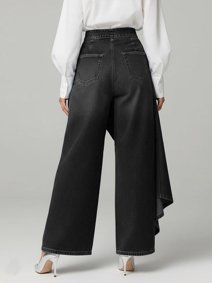 Effortless High Waisted Jeans for Women with Button Front Draped Asymmetrical Wide Leg Style