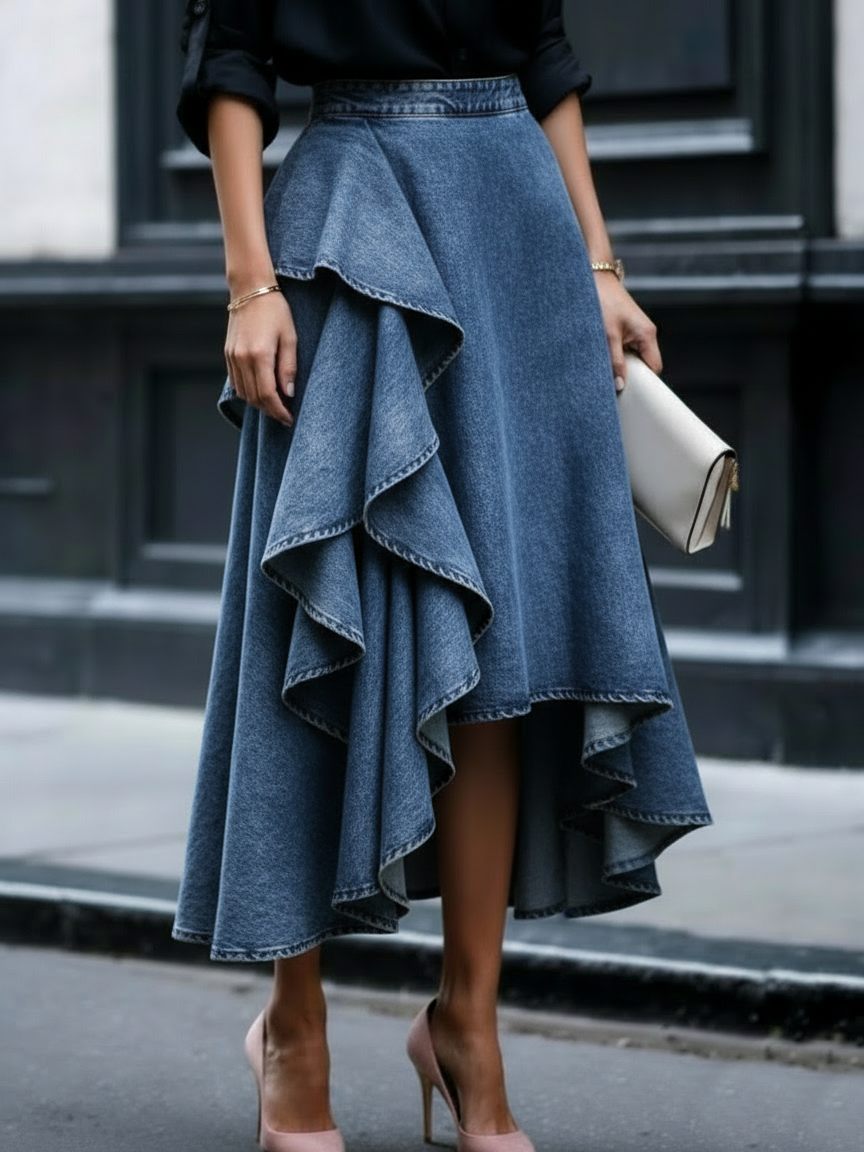 Effortless Denim Maxi Skirt for Women with High Waist Ruffle Asymmetric Hem Flowing Style
