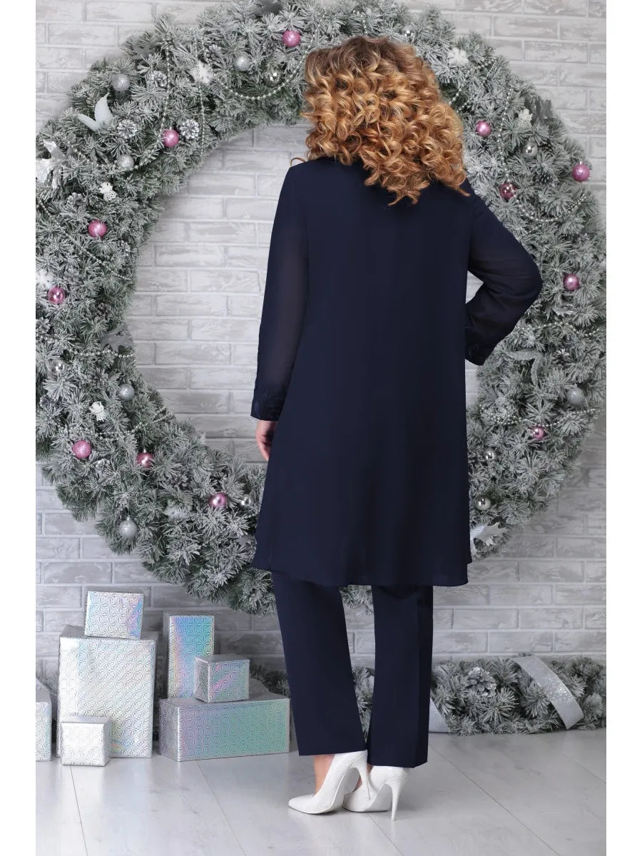 Elegant Lace Sleeve Two Piece Set for Women with V-Neck Chiffon Cardigan Wide Leg Pants Formal Wedding Guest Style