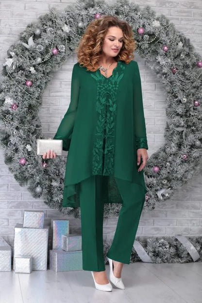 Elegant Lace Sleeve Two Piece Set for Women with V-Neck Chiffon Cardigan Wide Leg Pants Formal Wedding Guest Style