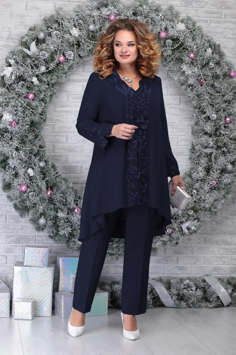 Elegant Lace Sleeve Two Piece Set for Women with V-Neck Chiffon Cardigan Wide Leg Pants Formal Wedding Guest Style