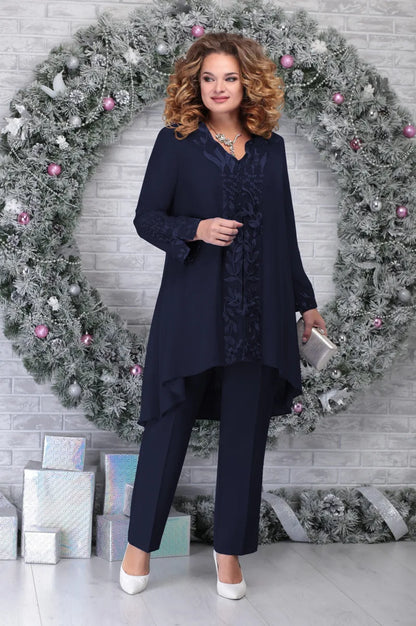 Elegant Lace Sleeve Two Piece Set for Women with V-Neck Chiffon Cardigan Wide Leg Pants Formal Wedding Guest Style