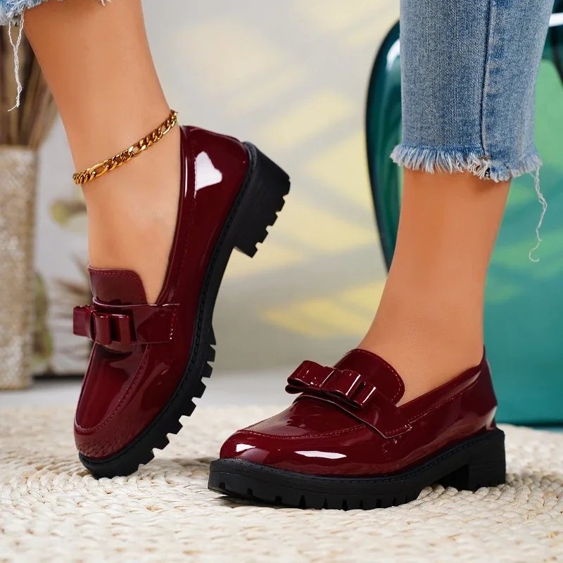 Charlotte | Women's Patent Leather Slip-On Loafers with Bow and Lug Sole