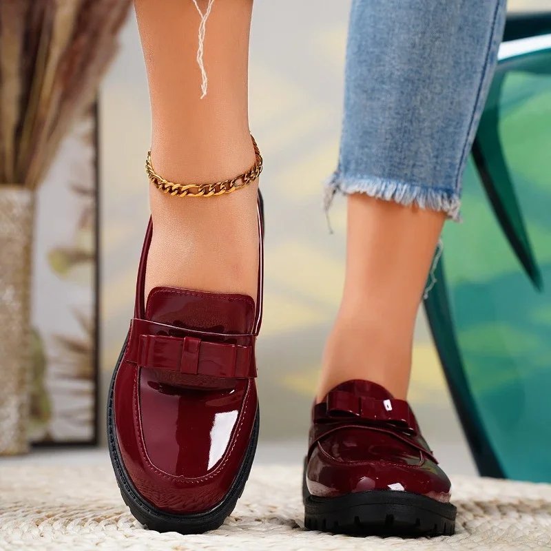 Charlotte | Women's Patent Leather Slip-On Loafers with Bow and Lug Sole