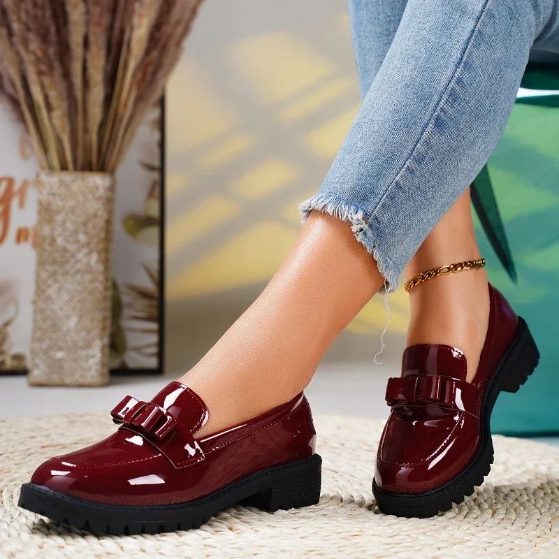Charlotte | Women's Patent Leather Slip-On Loafers with Bow and Lug Sole