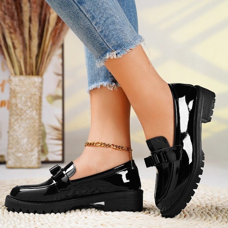 Charlotte | Women's Patent Leather Slip-On Loafers with Bow and Lug Sole