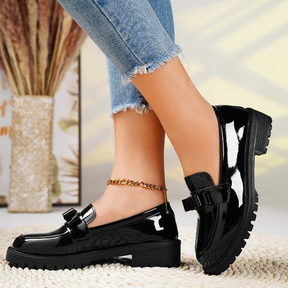Charlotte | Women's Patent Leather Slip-On Loafers with Bow and Lug Sole
