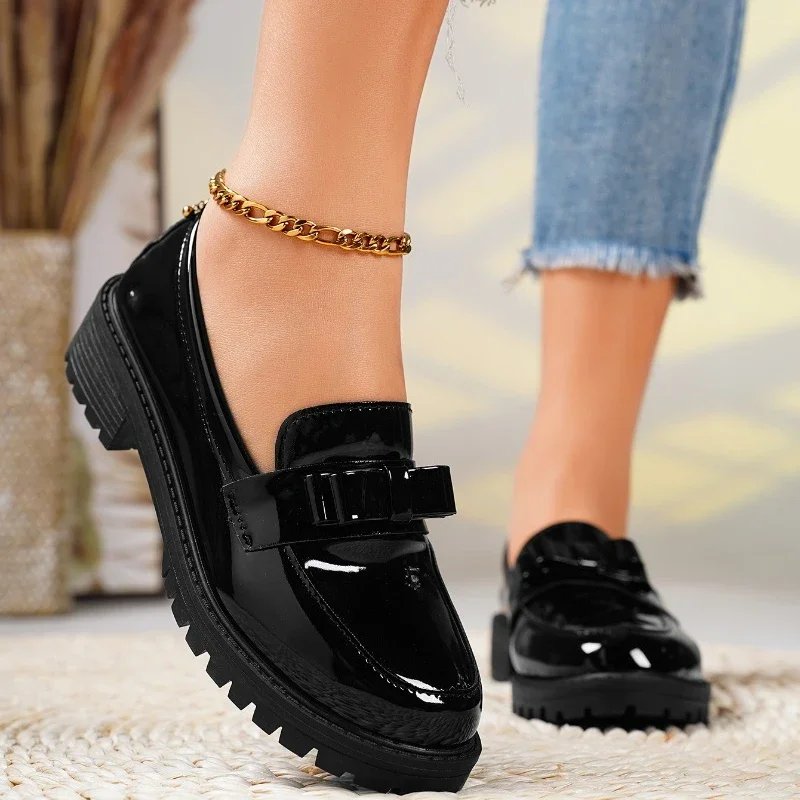 Charlotte | Women's Patent Leather Slip-On Loafers with Bow and Lug Sole