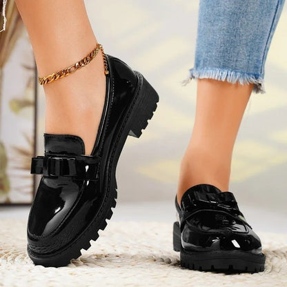 Charlotte | Women's Patent Leather Slip-On Loafers with Bow and Lug Sole