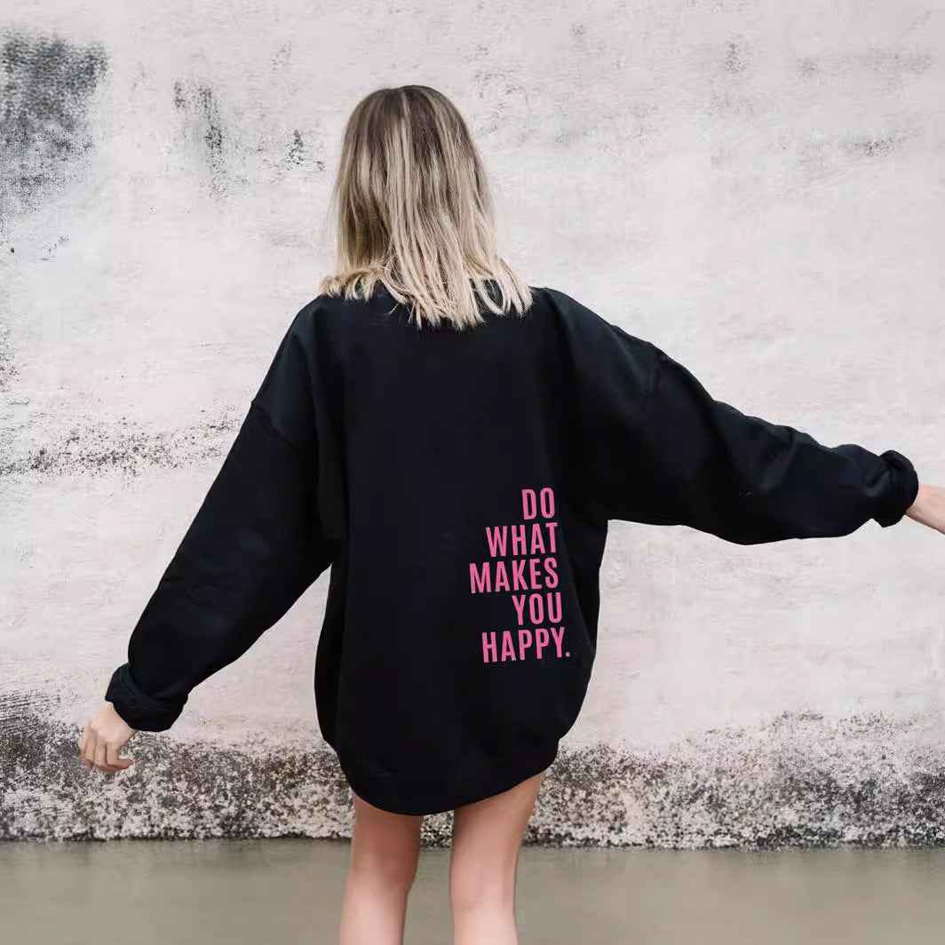 Comfortable Slogan Print Hoodie for Women with Drawstring Hood Long Sleeve Oversized Relaxed Style