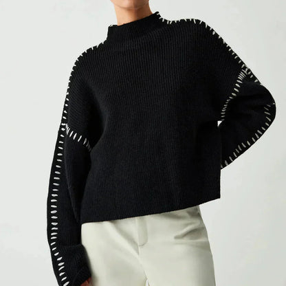 Cozy Whipstitch Oversized Sweater for Women with Mock Neck Long Sleeve Ribbed Relaxed Style