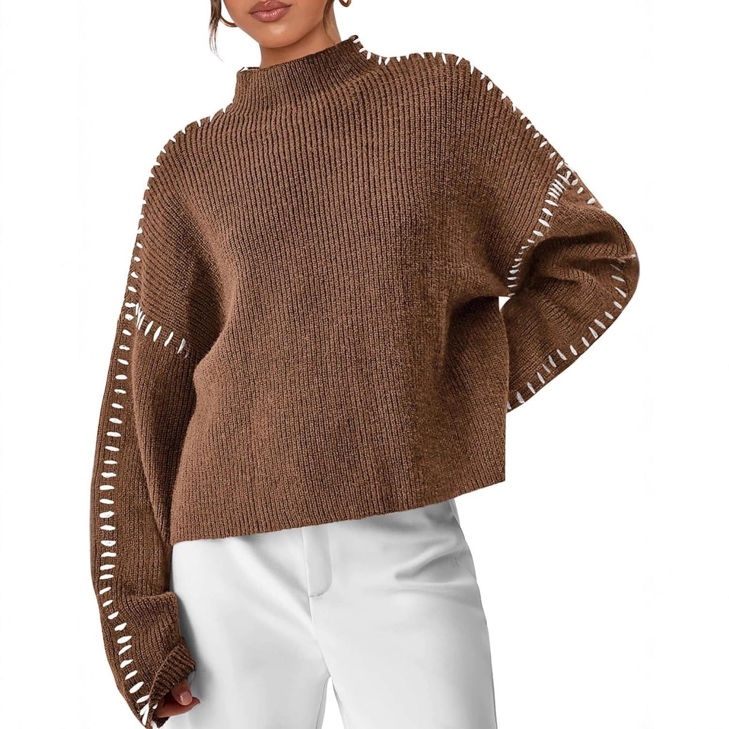 Cozy Whipstitch Oversized Sweater for Women with Mock Neck Long Sleeve Ribbed Relaxed Style