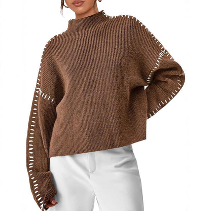Cozy Whipstitch Oversized Sweater for Women with Mock Neck Long Sleeve Ribbed Relaxed Style