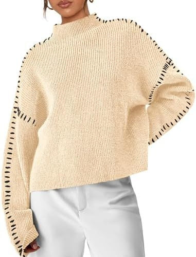 Cozy Whipstitch Oversized Sweater for Women with Mock Neck Long Sleeve Ribbed Relaxed Style