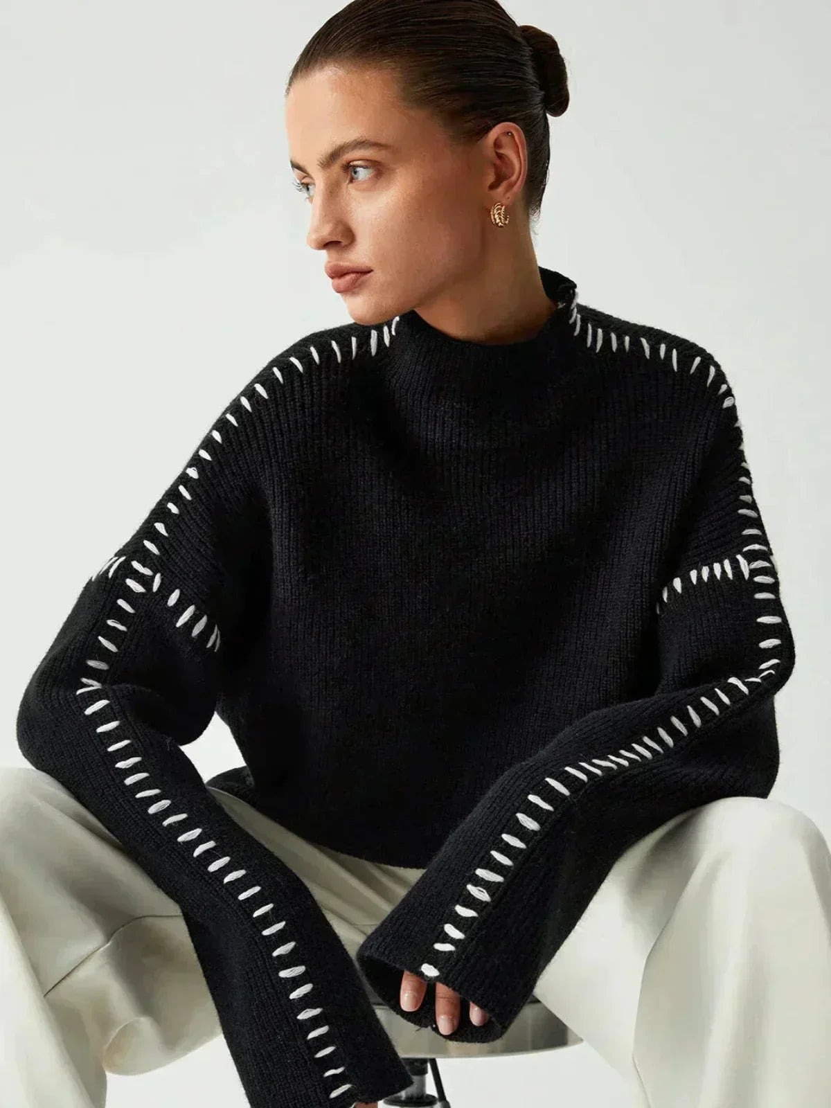 Cozy Whipstitch Oversized Sweater for Women with Mock Neck Long Sleeve Ribbed Relaxed Style