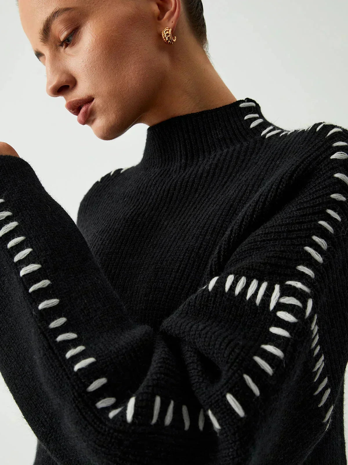 Cozy Whipstitch Oversized Sweater for Women with Mock Neck Long Sleeve Ribbed Relaxed Style