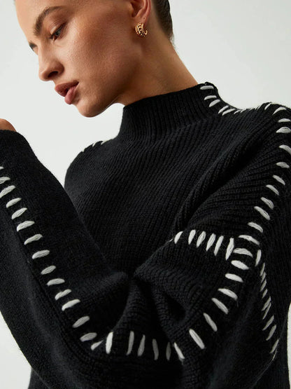Cozy Whipstitch Oversized Sweater for Women with Mock Neck Long Sleeve Ribbed Relaxed Style