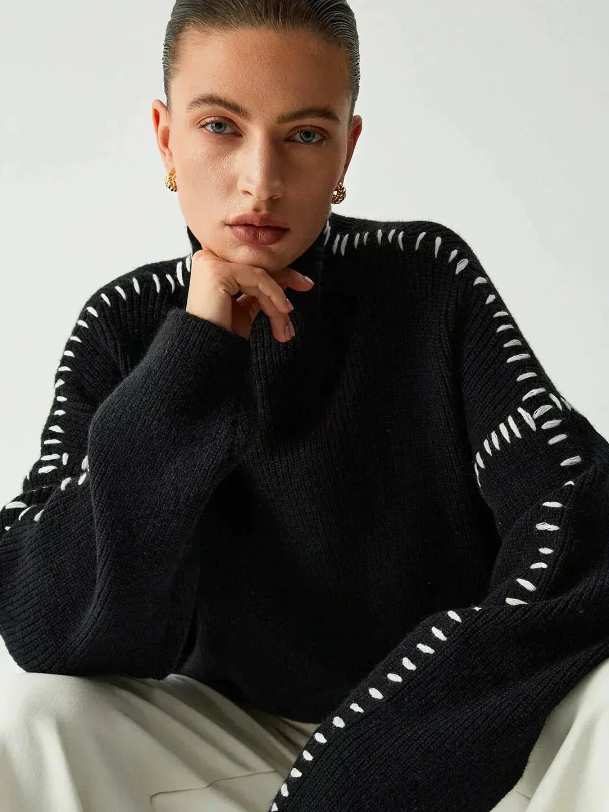Cozy Whipstitch Oversized Sweater for Women with Mock Neck Long Sleeve Ribbed Relaxed Style