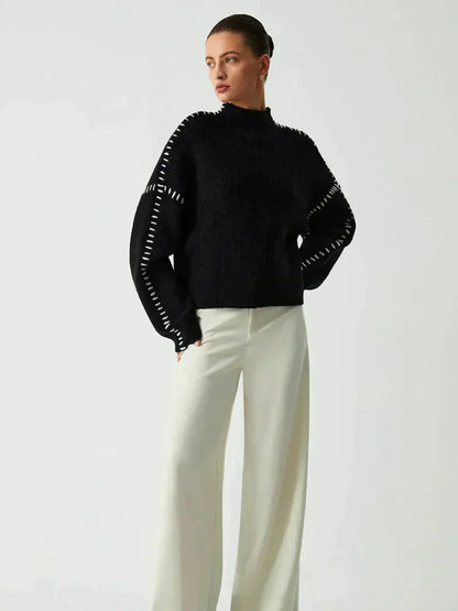 Cozy Whipstitch Oversized Sweater for Women with Mock Neck Long Sleeve Ribbed Relaxed Style