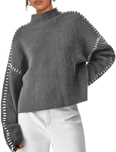 Cozy Whipstitch Oversized Sweater for Women with Mock Neck Long Sleeve Ribbed Relaxed Style