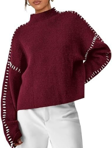 Cozy Whipstitch Oversized Sweater for Women with Mock Neck Long Sleeve Ribbed Relaxed Style