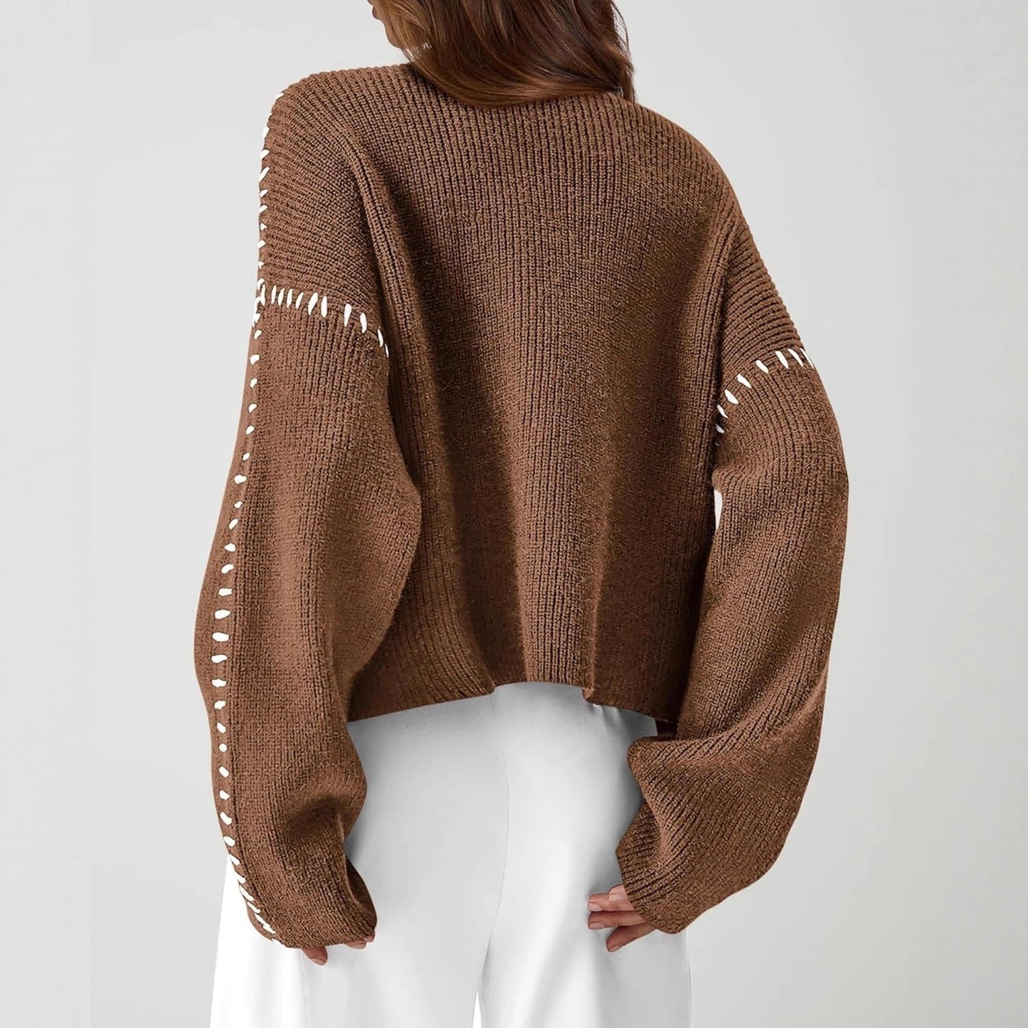 Cozy Whipstitch Oversized Sweater for Women with Mock Neck Long Sleeve Ribbed Relaxed Style