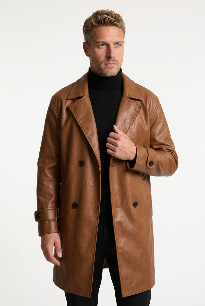 Chic Leather Trench Coat for Men with Notch Lapel Long Sleeve Double Breasted Longline Style