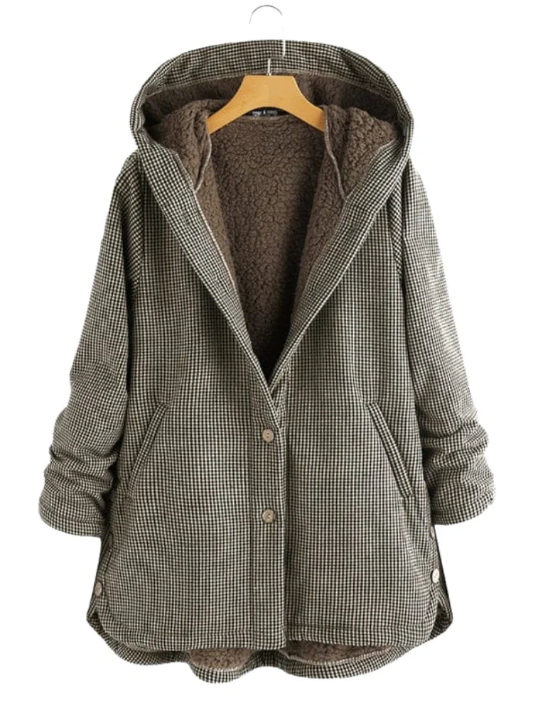 Effortless Plaid Fleece Lined Jacket for Women with Hooded Button Front Oversized Casual Style