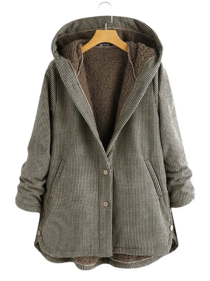 Effortless Plaid Fleece Lined Jacket for Women with Hooded Button Front Oversized Casual Style