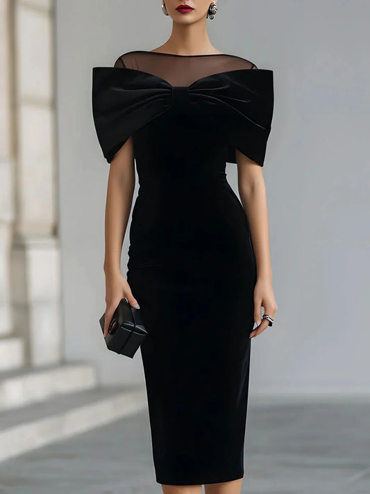 Chic Black Wedding Guest Midi Dress for Women with Boat Neck Bow Shoulder Bodycon Velvet Formal Style