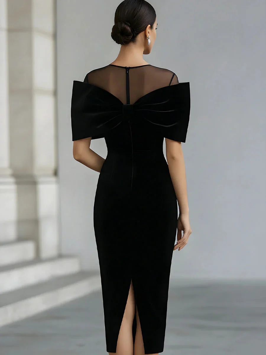 Chic Black Wedding Guest Midi Dress for Women with Boat Neck Bow Shoulder Bodycon Velvet Formal Style