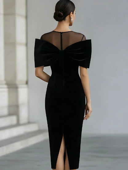Chic Black Wedding Guest Midi Dress for Women with Boat Neck Bow Shoulder Bodycon Velvet Formal Style