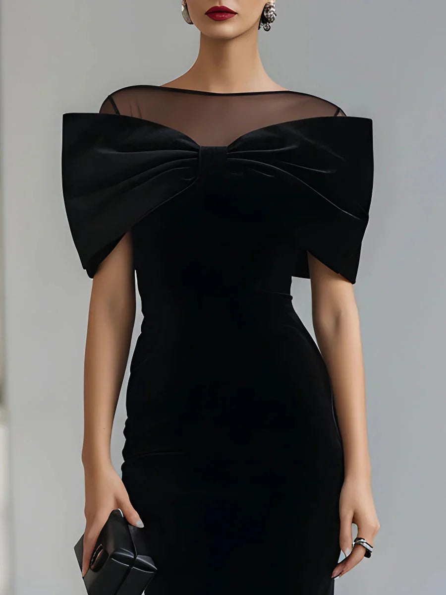 Chic Black Wedding Guest Midi Dress for Women with Boat Neck Bow Shoulder Bodycon Velvet Formal Style