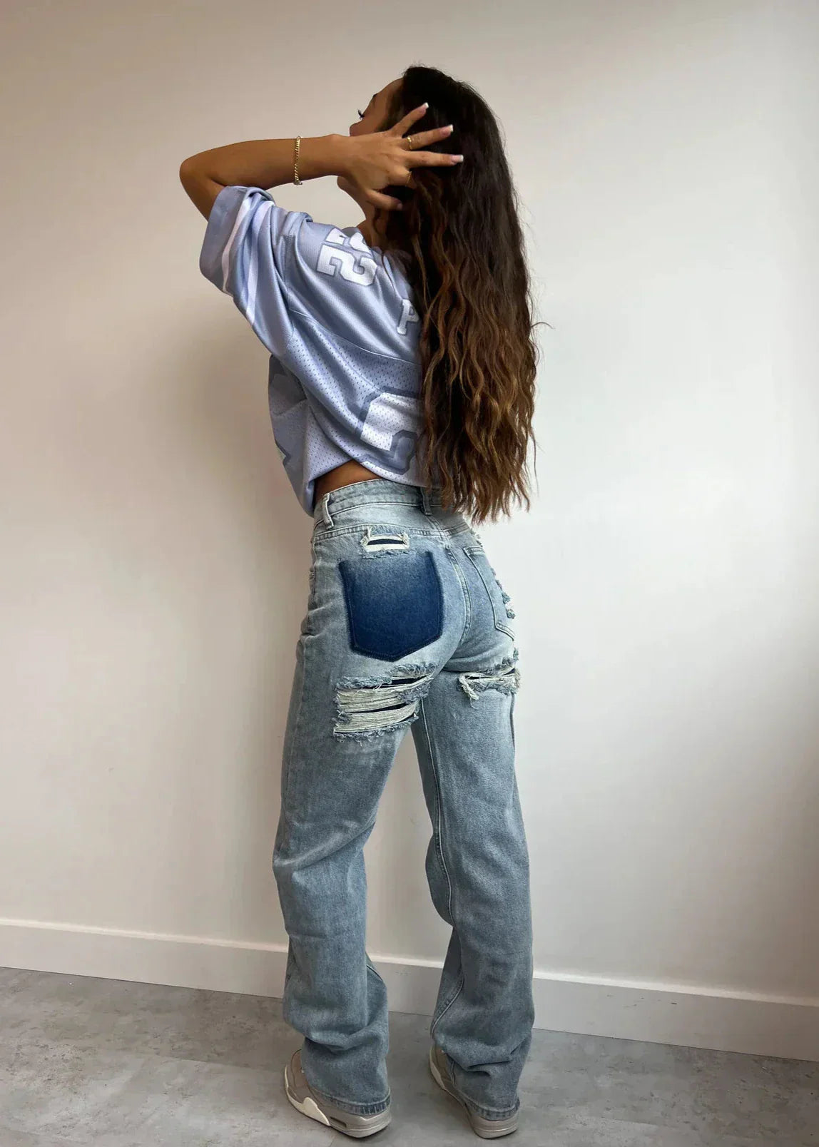 Effortless Distressed Wide Leg Jeans for Women with High Waisted Ripped Patch Relaxed Style